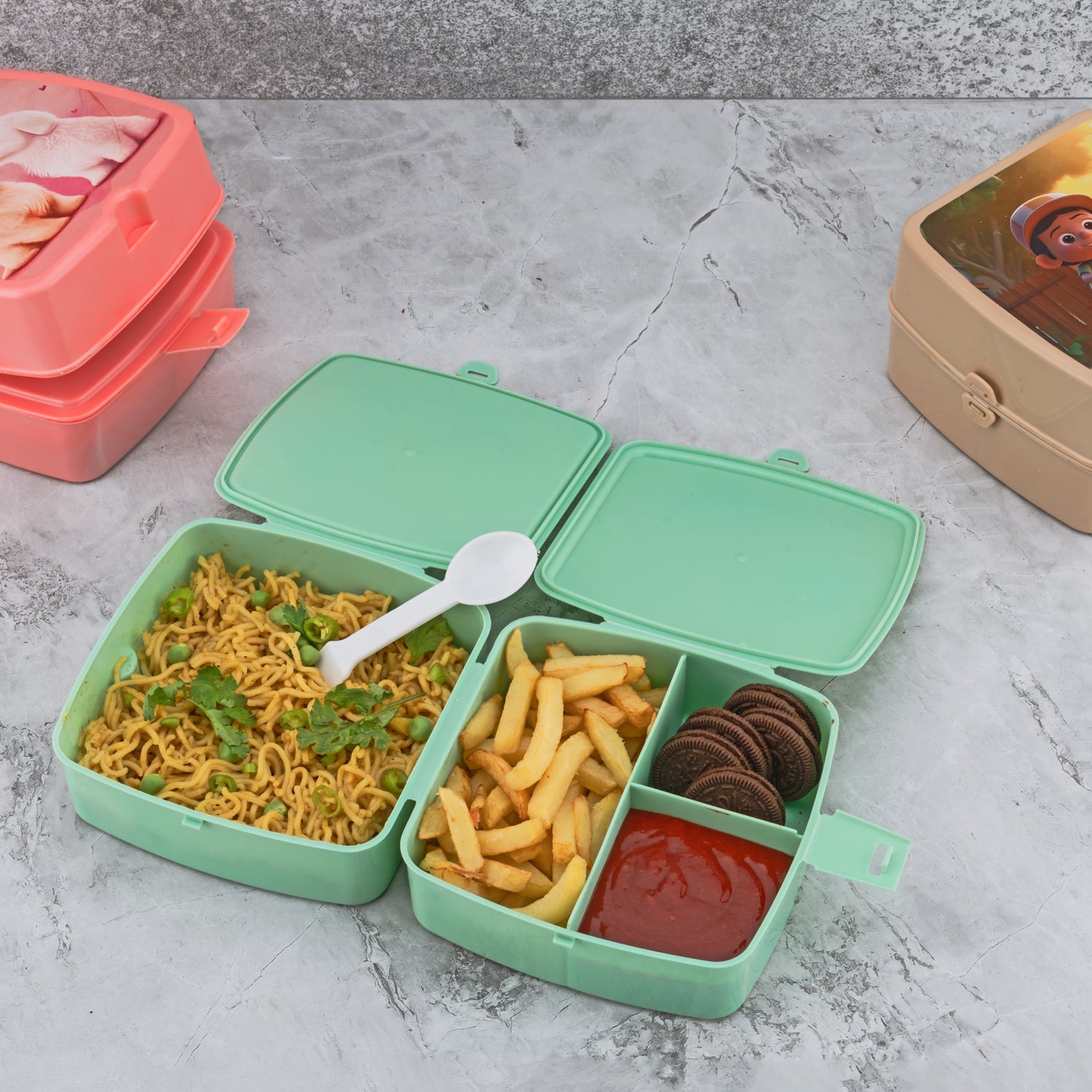 5787 Double-Layer Square Lunch Box with Spoon , 4 Compartment Tiffin & Push Lock , Plastic Tiffin Box for Travelling, School Kids & Office Exclusive, Home 5787 Double-Layer Square Lunch Box with Spoon , 4 Compartment Tiffin & Push Lock , Plastic Tiffin Box for Travelling, School Kids & Office Exclusive, Home